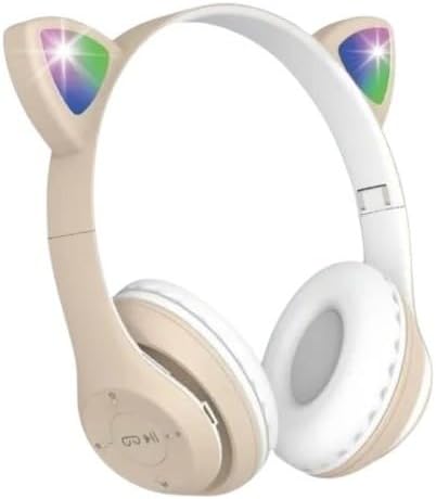 LOBOY Fone Ouvido Bluetooth Led Gatinho Infantil Gato Recarregável - (Bege)(LOBOY-GT558)